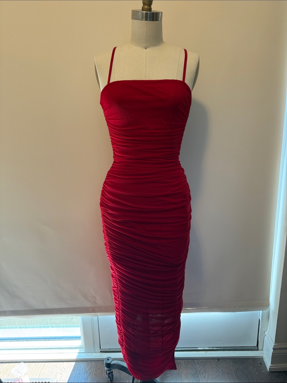 privy Red Ruched Spaghetti Strap Maxi Dress